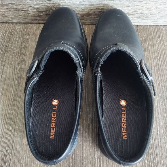 Women’s MERRELL City Leaf Black Leather Buckle Slides Clogs Mules Size 9 - Picture 6 of 9